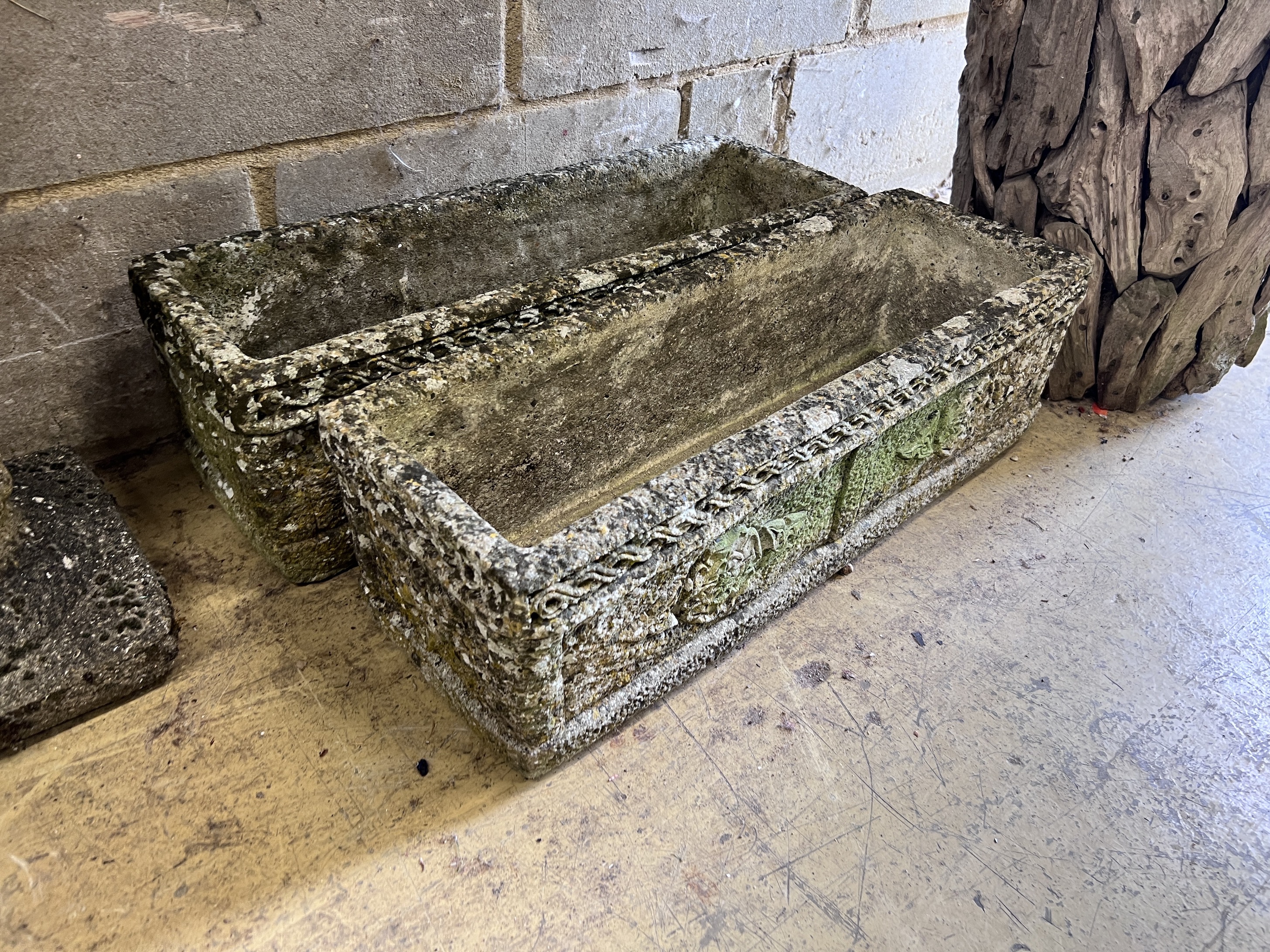 A pair of reconstituted stone garden planters, a sun dial, pair of terracotta pots and a sink